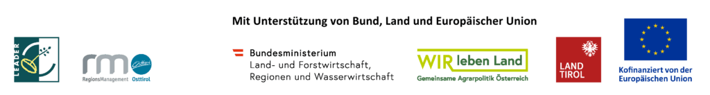 LEADER-Osttirol-Logoleiste. Mit Unterstützung von Bund, Land und Europäischer Union. RegionsManagement Osttirol